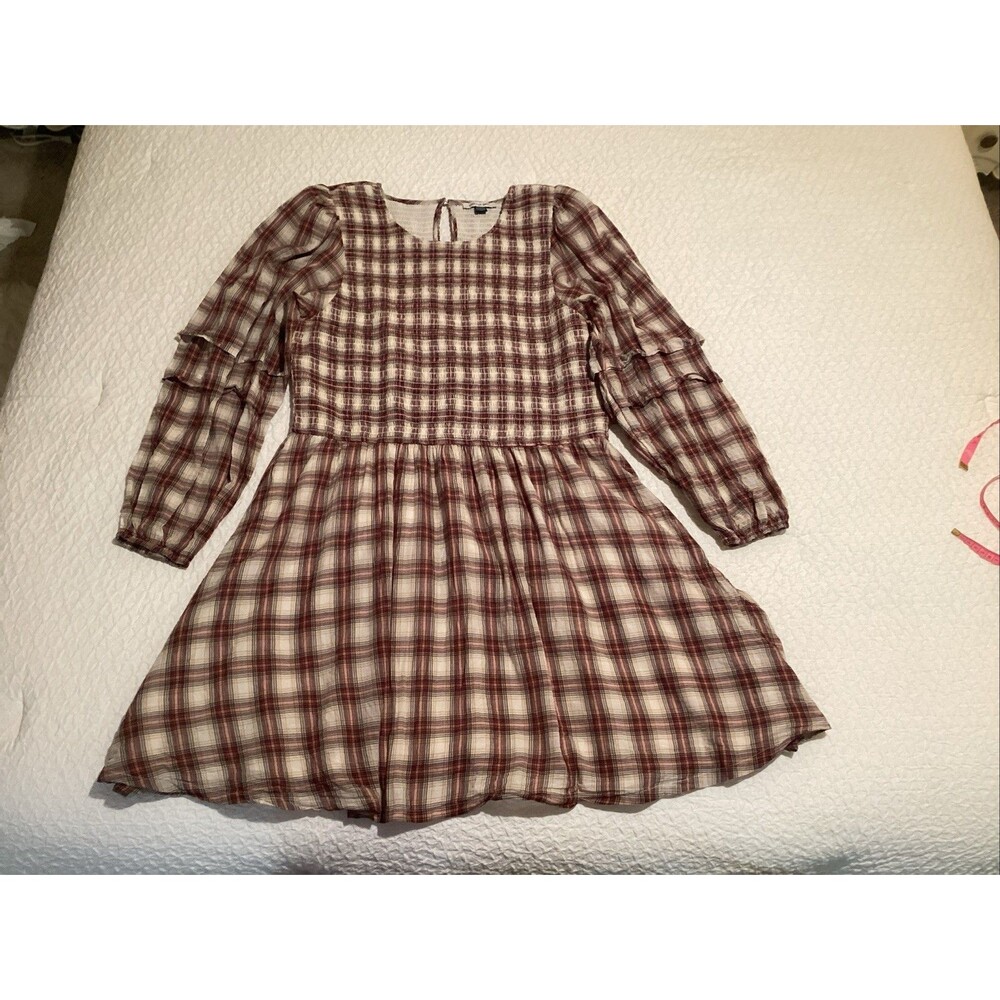 american eagle outfitters xl dress cotton plaid smocked puff sleeve lined